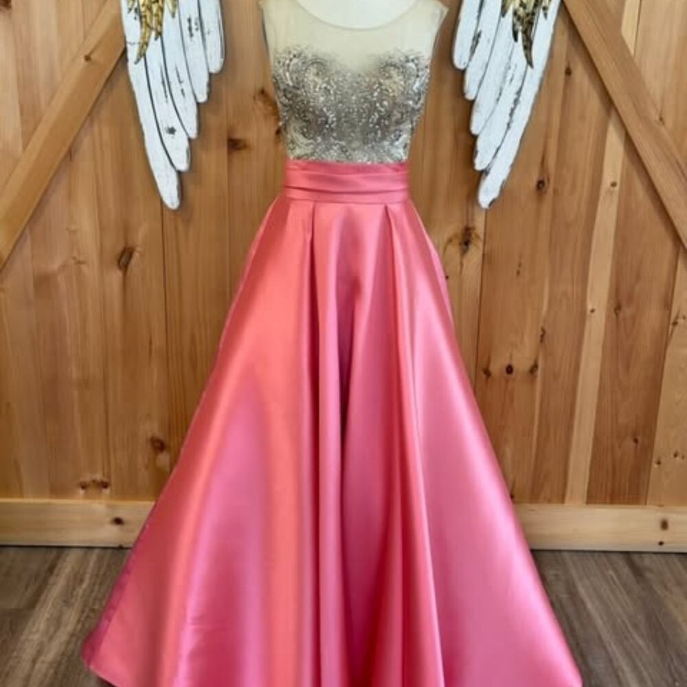 Pink and mesh dress with rhinestones and has long tail with pink bow